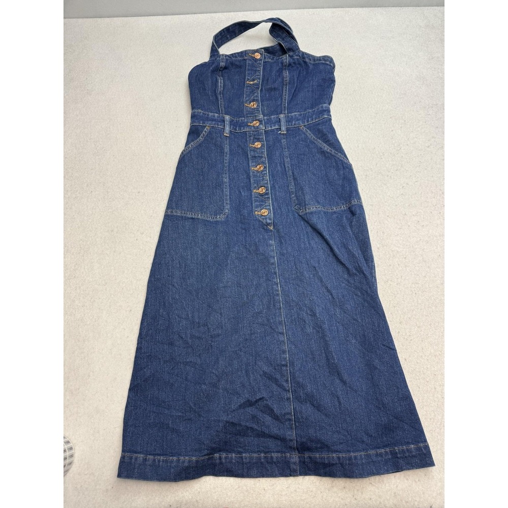 J.Crew Dress Womens 2 Blue Denim Halter Button Front Belted Midi A-Line Sundress